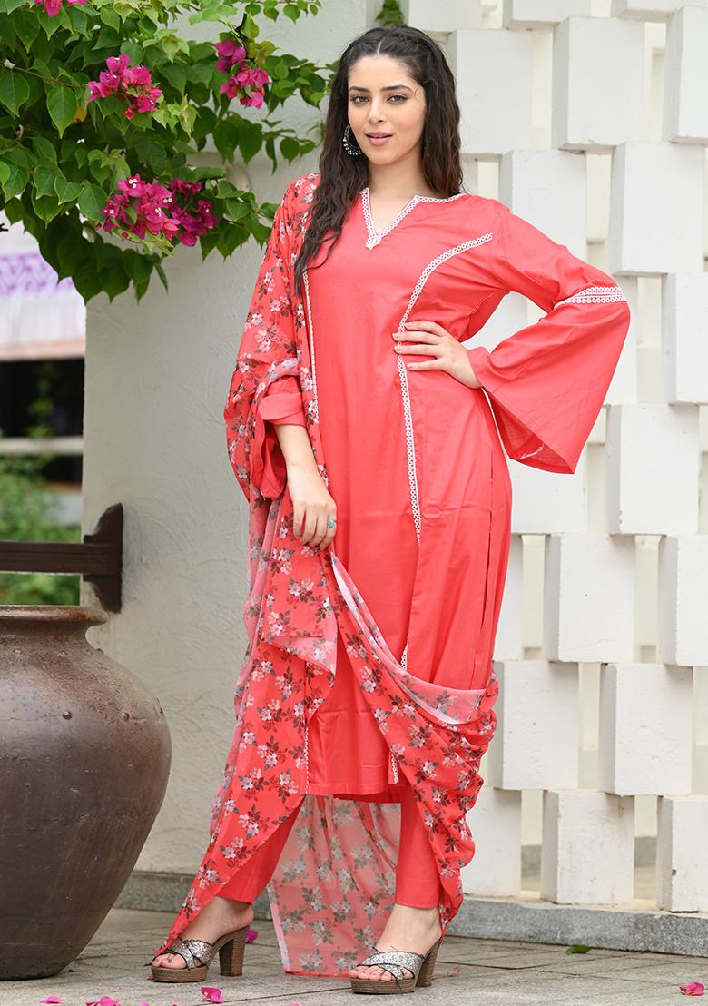 Coral Peach Printed Rayon Salwar Kameez With Dupatta