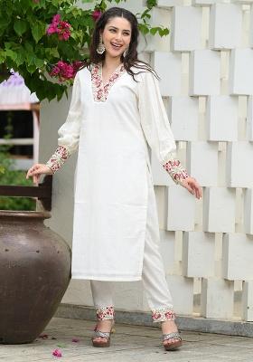 Off White Self Design Cotton Salwar Kameez With Dupatta