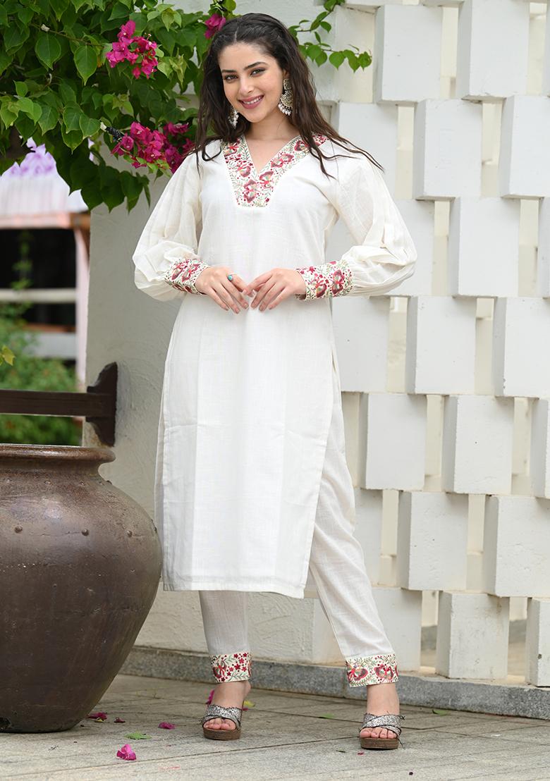 Off White Self Design Cotton Salwar Kameez With Dupatta