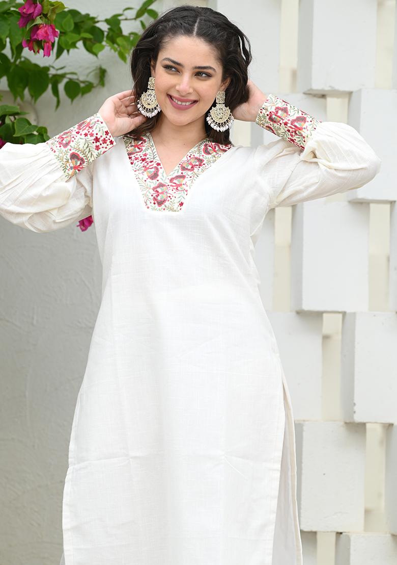 Off White Self Design Cotton Salwar Kameez With Dupatta