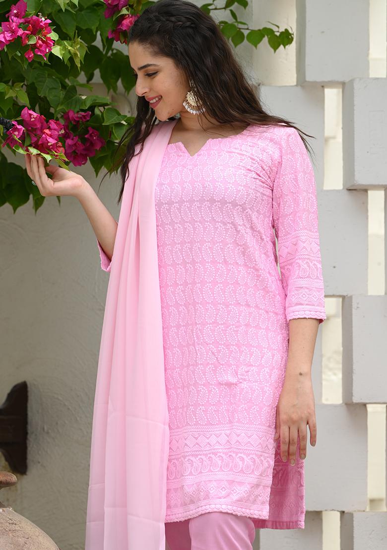 Pink Embroidered Georgette Salwar Kameez With Dupatta