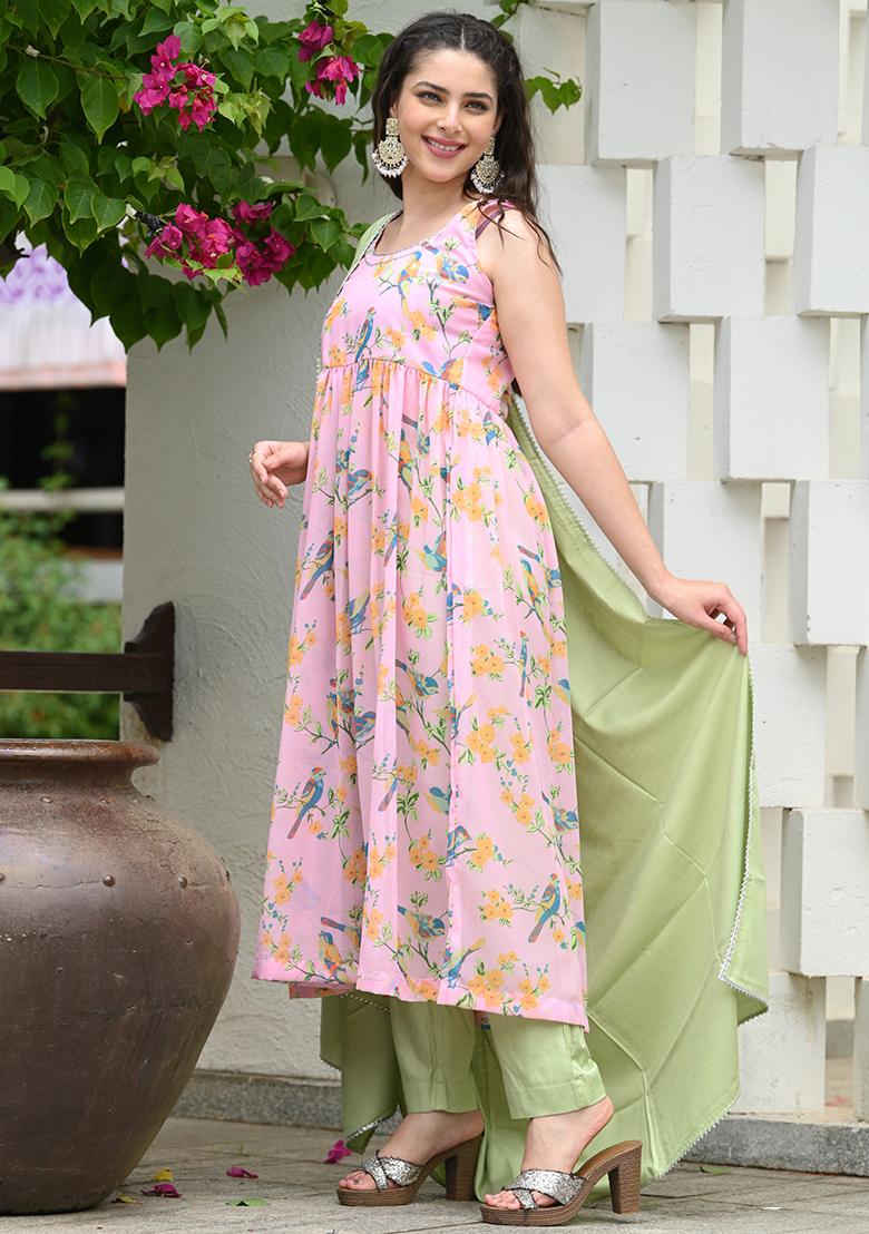 Baby Pink Printed Georgette Salwar Kameez With Dupatta