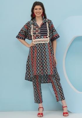 Blue Red Embellishment Cotton Kaftan Set