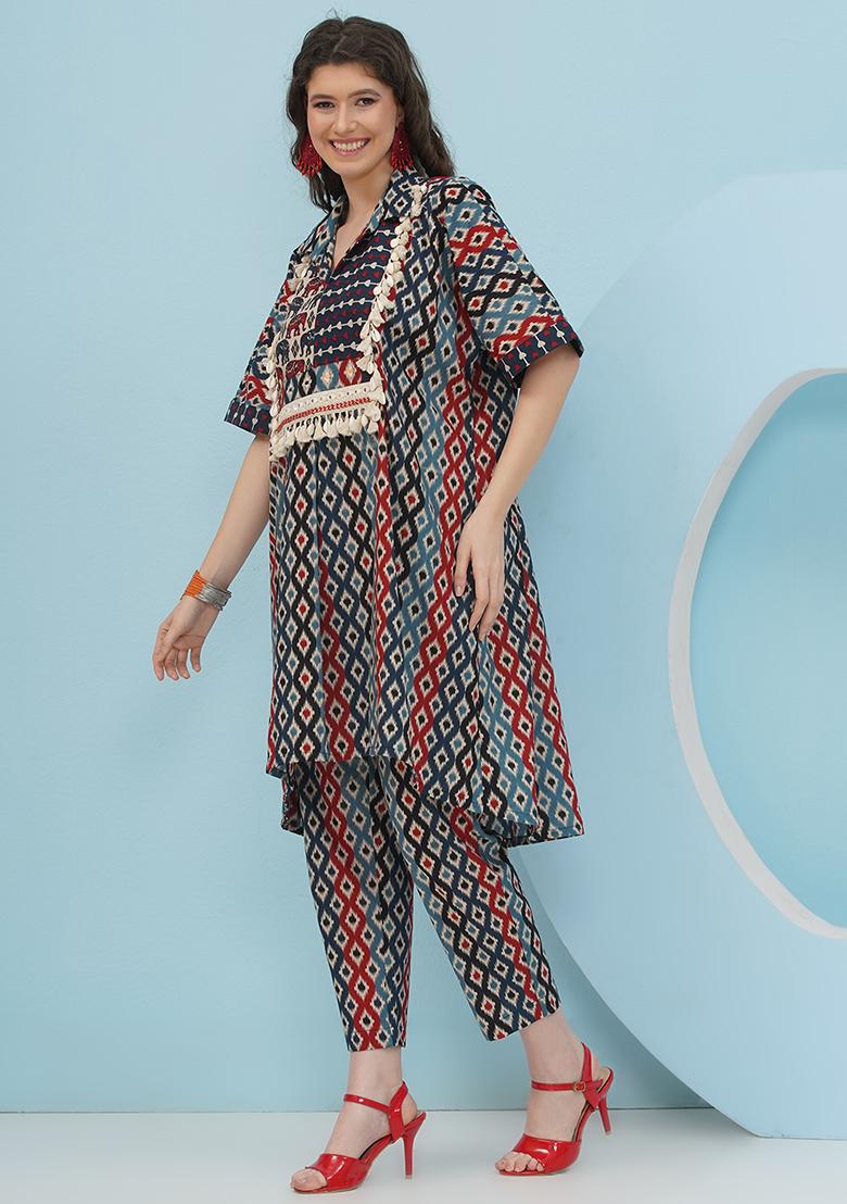 Blue Red Embellishment Cotton Kaftan Set