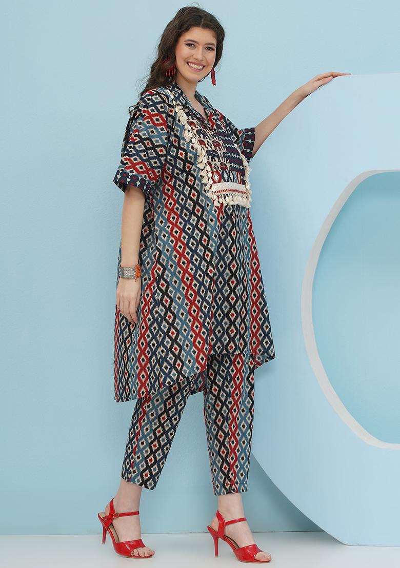 Blue Red Embellishment Cotton Kaftan Set