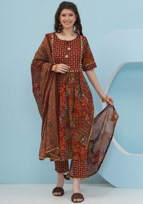 Brown Embellishment Cotton Salwar Kameez With Dupatta
