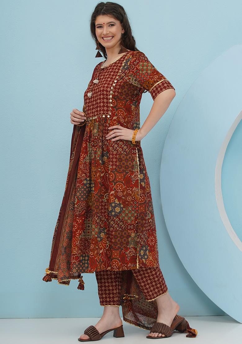 Brown Embellishment Cotton Salwar Kameez With Dupatta