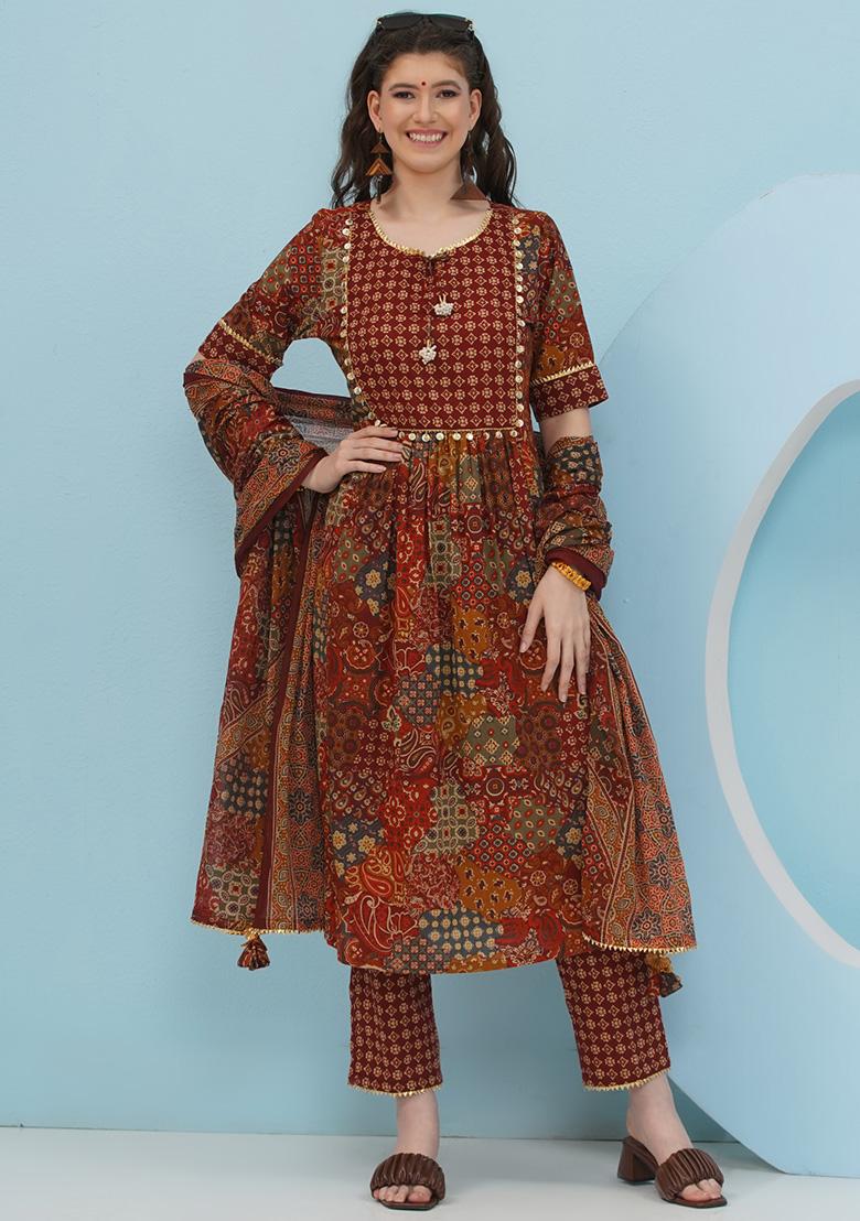 Brown Embellishment Cotton Salwar Kameez With Dupatta