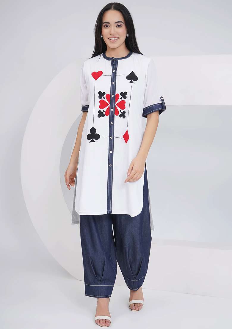 White Embroidered Rayon Co Ord Set - Indya
