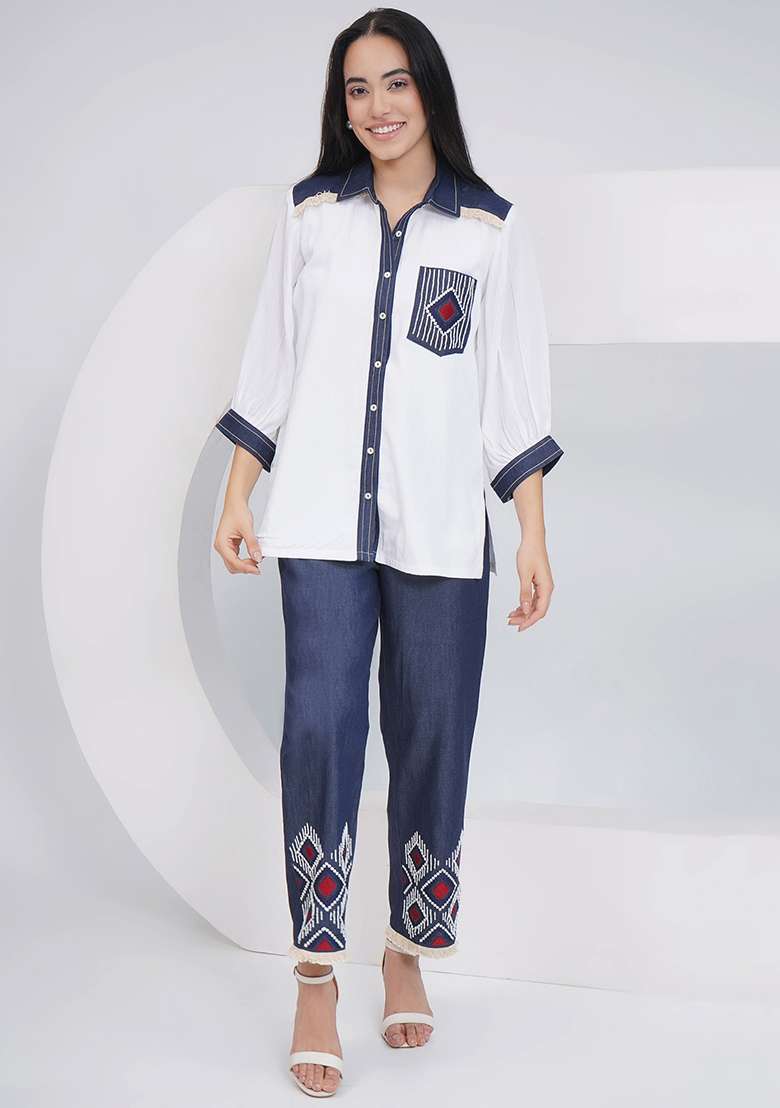 White Embellishment Rayon Co Ord Set - Indya