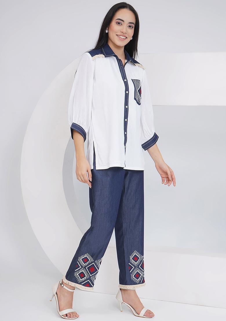 White Embellishment Rayon Co Ord Set