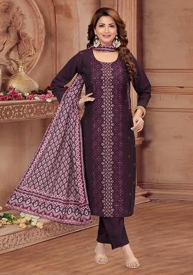 Wine Embroidered Soft Silk Salwar Kameez