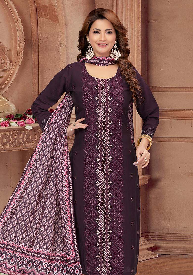 Wine Embroidered Soft Silk Salwar Kameez