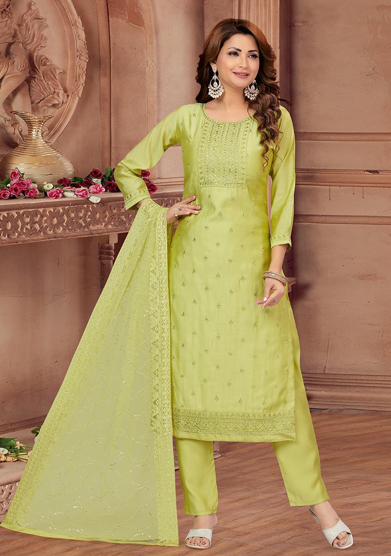 Pista Green Embroidered Soft Silk Salwar Kameez