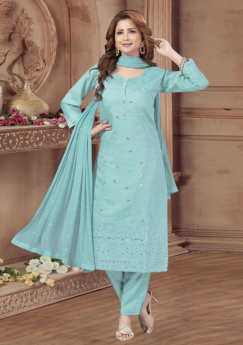 Firozi Blue Seqqunce Work Soft Silk Salwar Kameez
