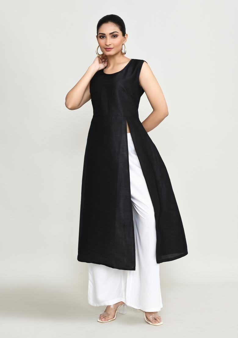 Black Embroidered Rayon Kurta