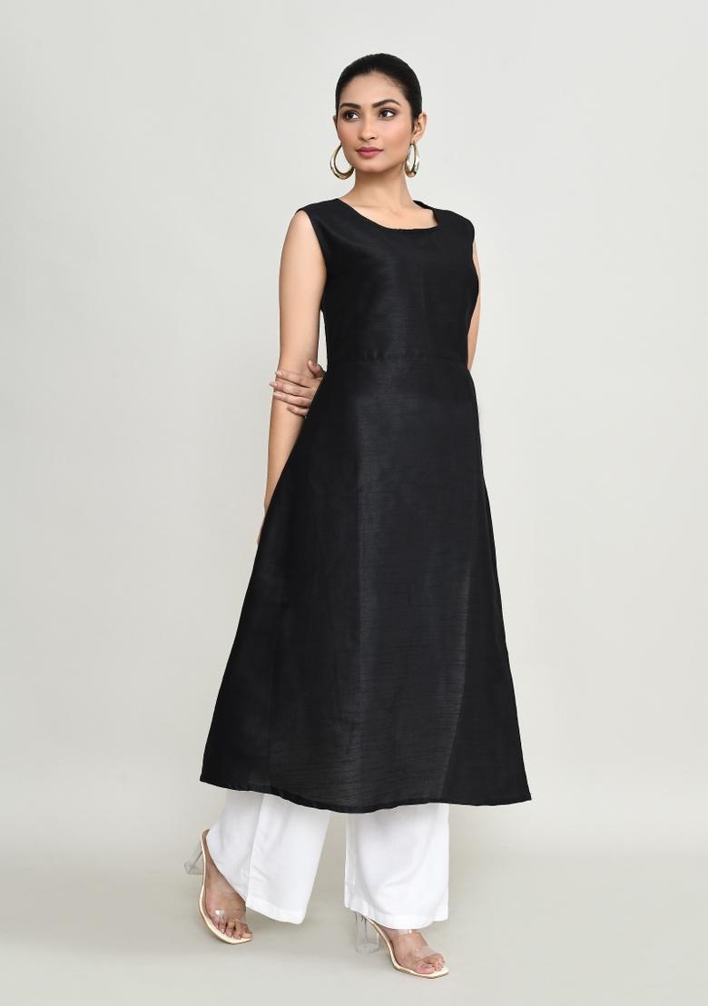 Black Embroidered Rayon Kurta