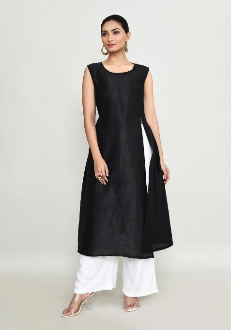 Black Embroidered Rayon Kurta