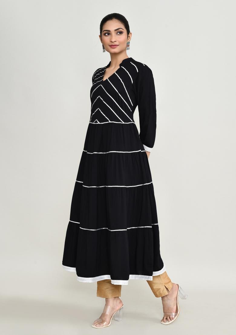 Black Embroidered Rayon Kurta