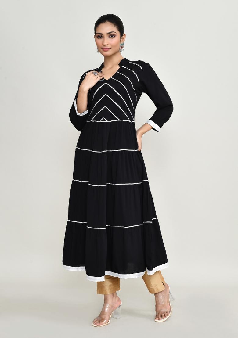 Black Embroidered Rayon Kurta
