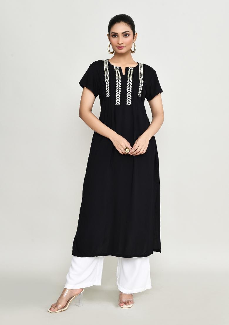 Black Embroidered Rayon Kurta