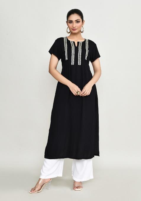 Black Embroidered Rayon Kurta