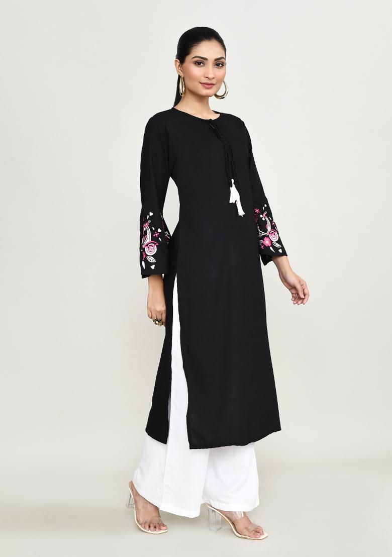 Black Embroidered Rayon Kurta