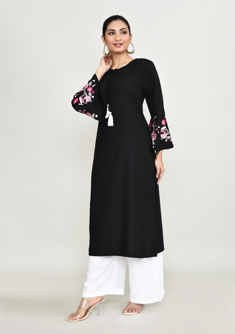 Black Embroidered Rayon Kurta