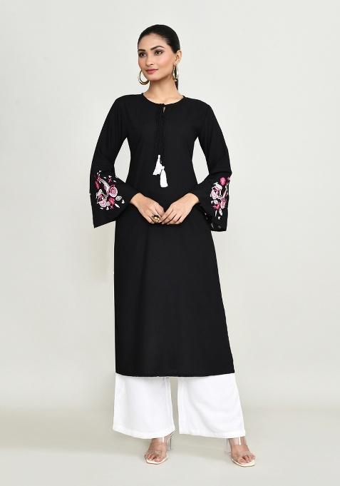 Black Embroidered Rayon Kurta