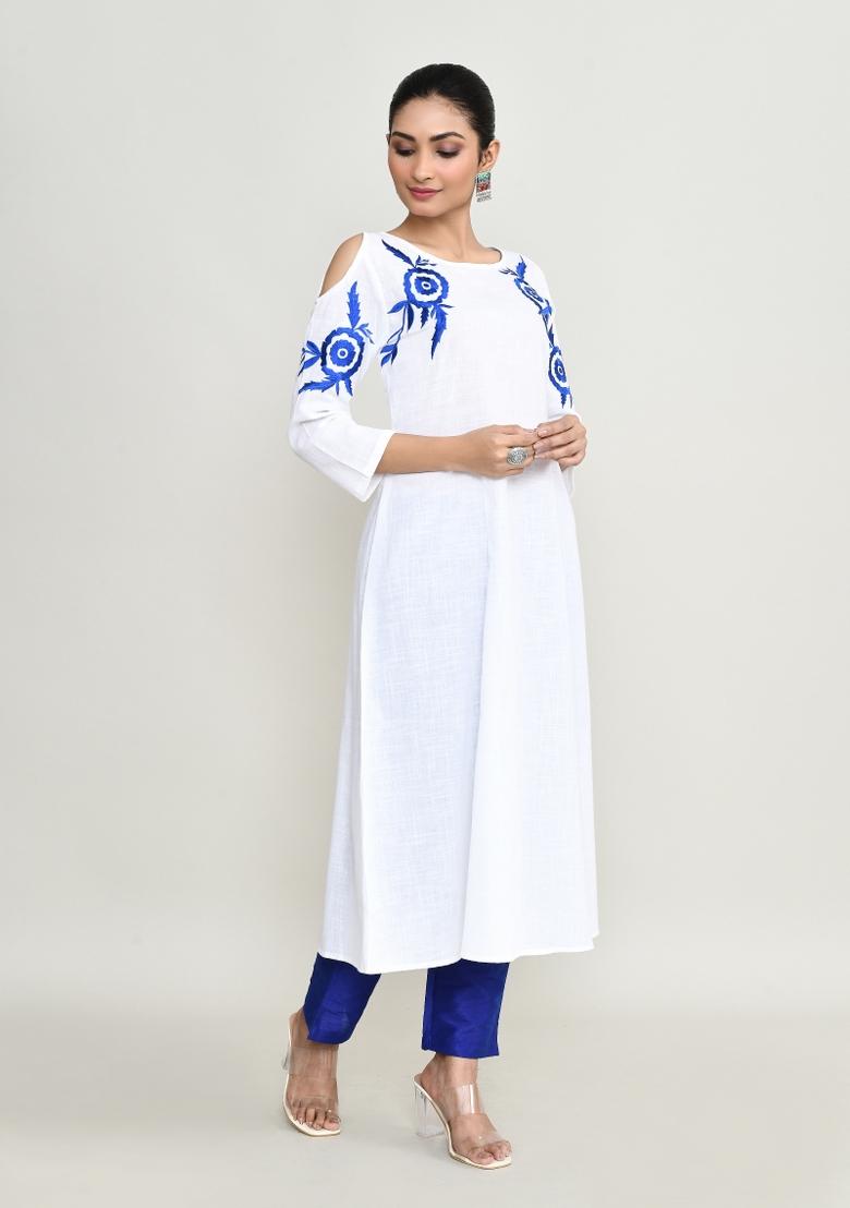 White Embroidered Rayon Kurta
