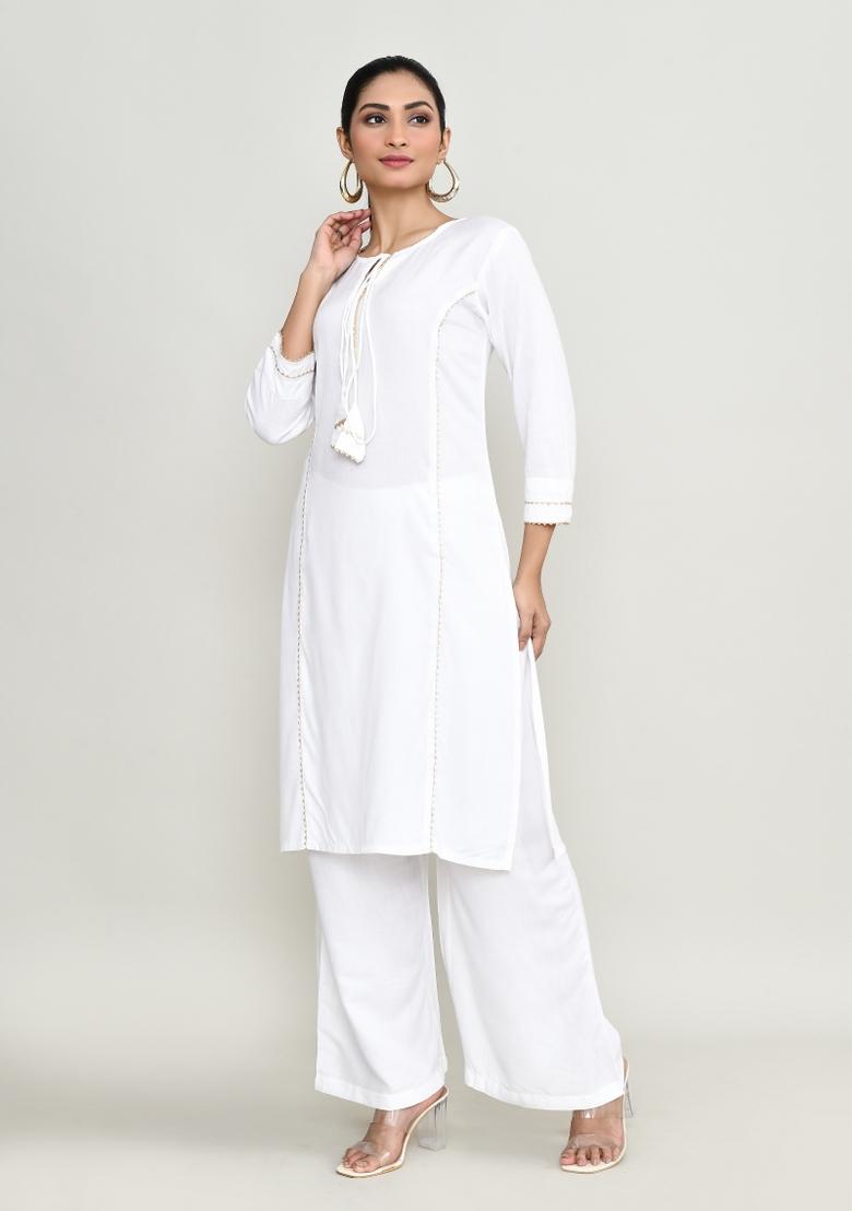 White Embroidered Rayon Kurta
