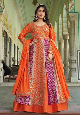 Orange Rani Pink Embroidered Chinon Anarkali Set With Dupatta