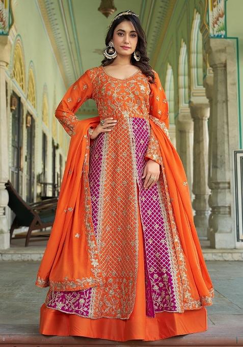 Orange Rani Pink Embroidered Chinon Anarkali Set With Dupatta