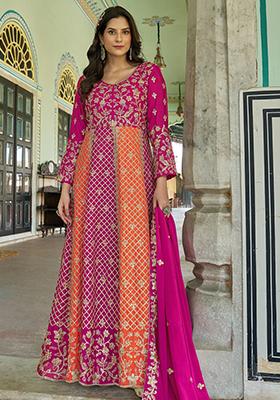 Rani Pink Orange Embroidered Chinon Anarkali Set With Dupatta