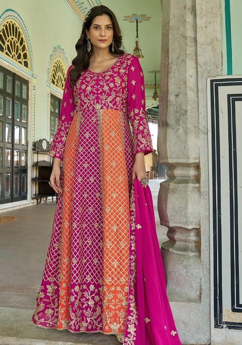 Rani Pink Orange Embroidered Chinon Anarkali Set With Dupatta