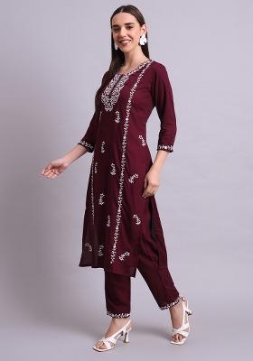 Purple Embroidered Cotton Salwar Kameez Set