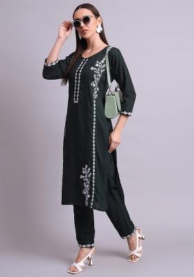 Green Embroidered Cotton Salwar Kameez Set
