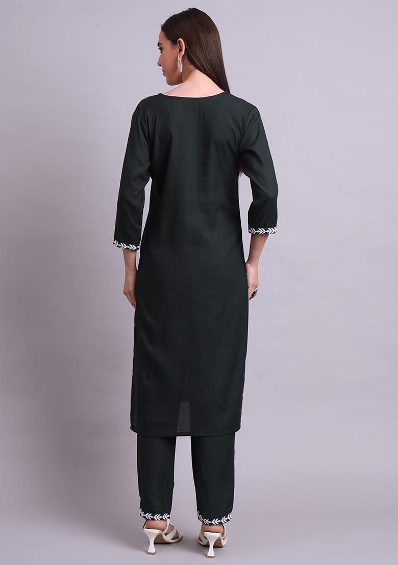 Green Embroidered Cotton Salwar Kameez Set