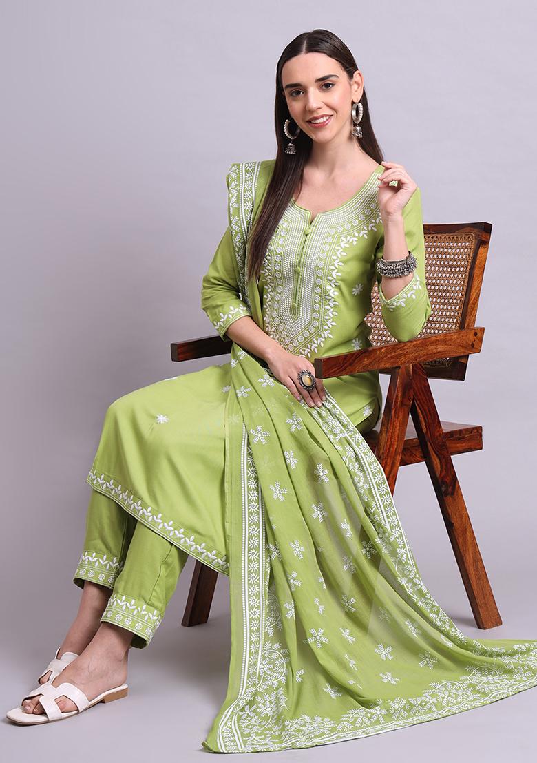 Green Embroidered Cotton Salwar Kameez With Dupatta