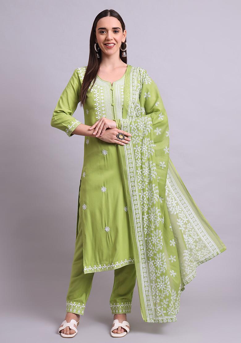 Green Embroidered Cotton Salwar Kameez With Dupatta