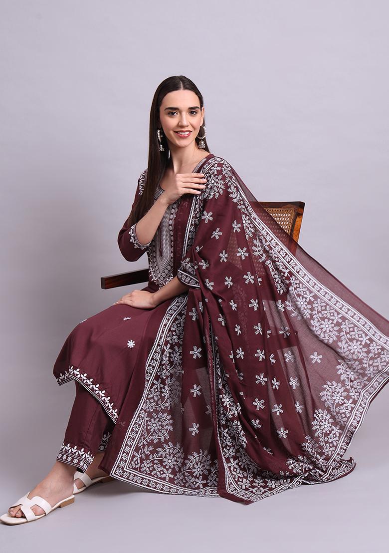 Brown Embroidered Cotton Salwar Kameez With Dupatta