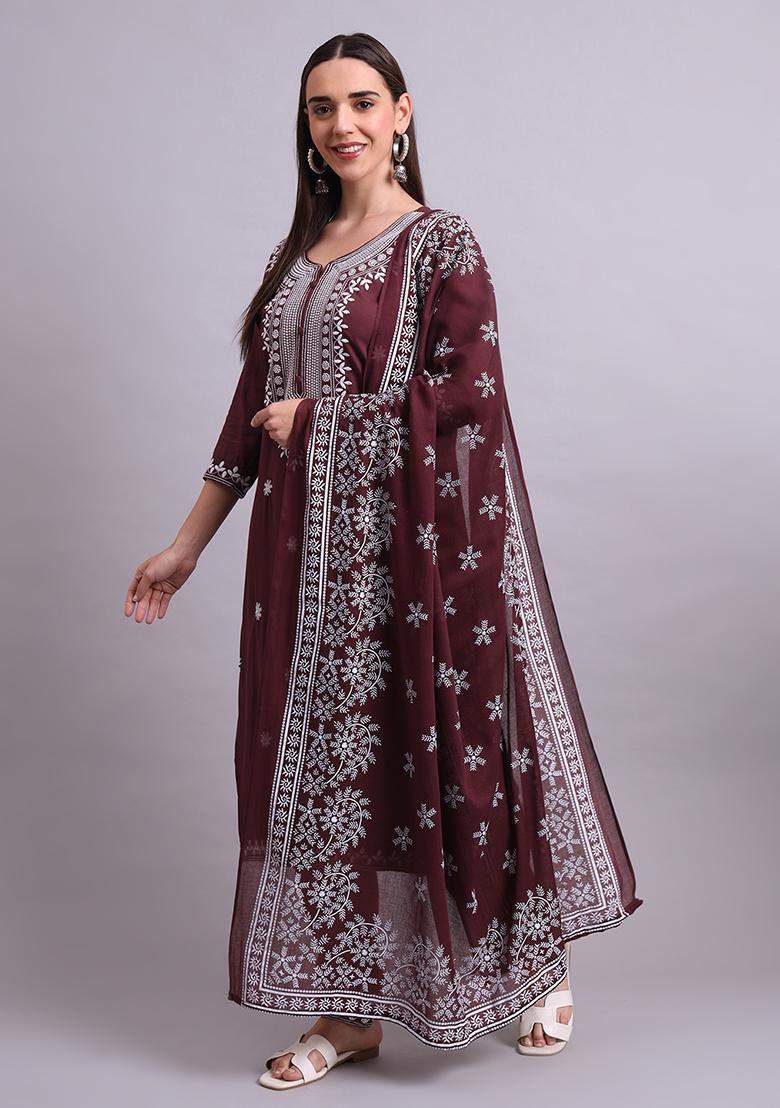 Brown Embroidered Cotton Salwar Kameez With Dupatta