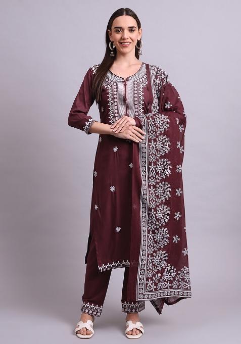 Brown Embroidered Cotton Salwar Kameez With Dupatta