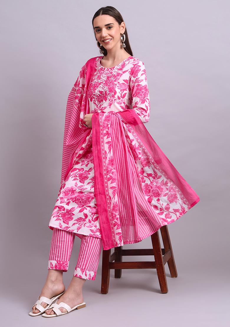 Pink Embroidered Cotton Salwar Kameez With Dupatta