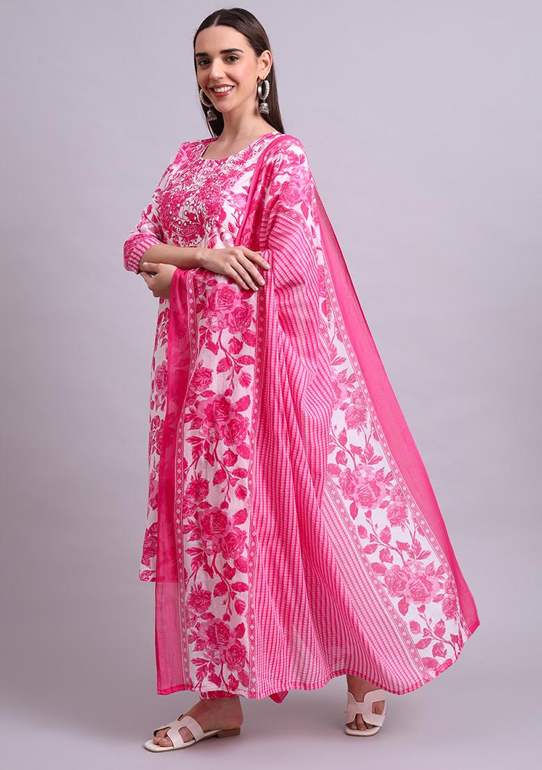 Pink Embroidered Cotton Salwar Kameez With Dupatta