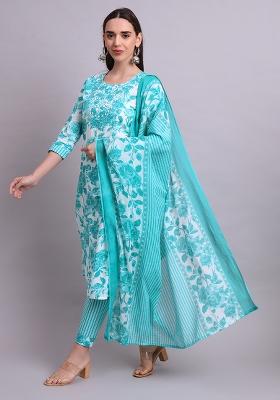 Green Embroidered Cotton Salwar Kameez With Dupatta