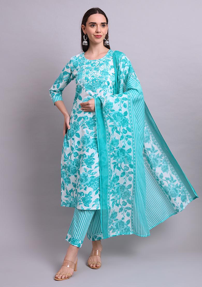 Green Embroidered Cotton Salwar Kameez With Dupatta