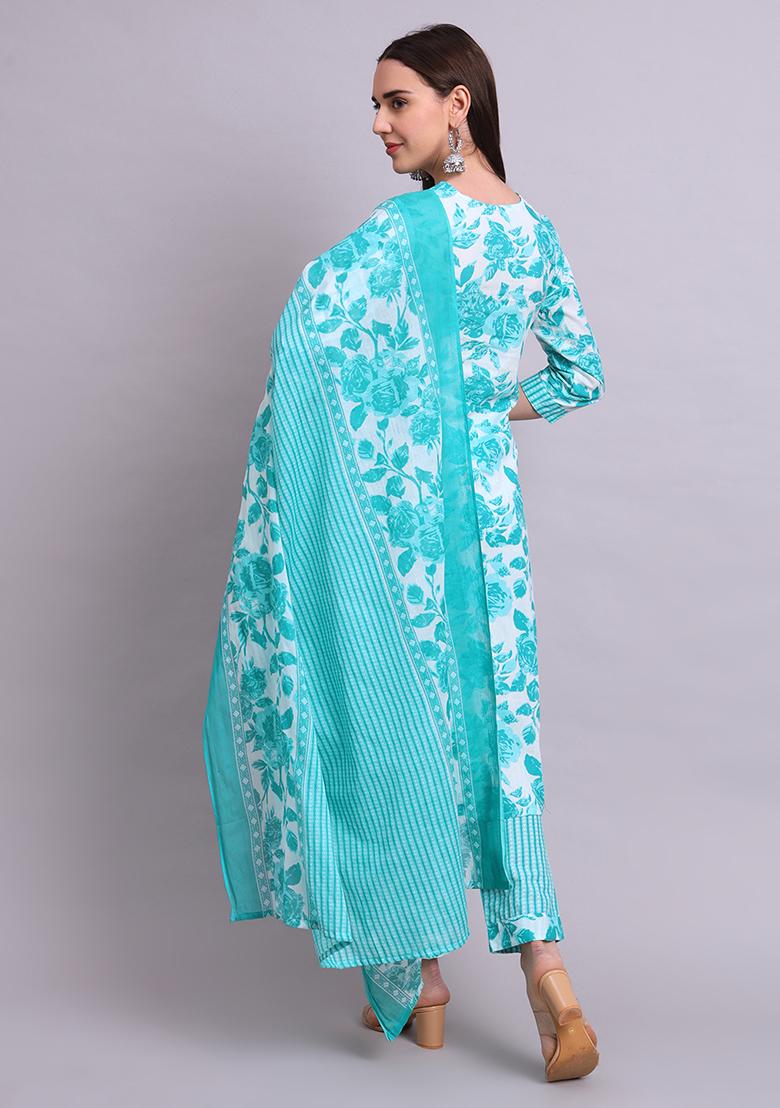 Green Embroidered Cotton Salwar Kameez With Dupatta