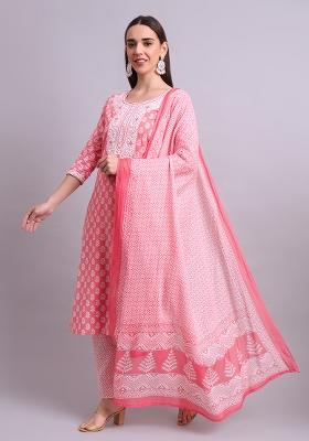 Red Embroidered Cotton Salwar Kameez With Dupatta