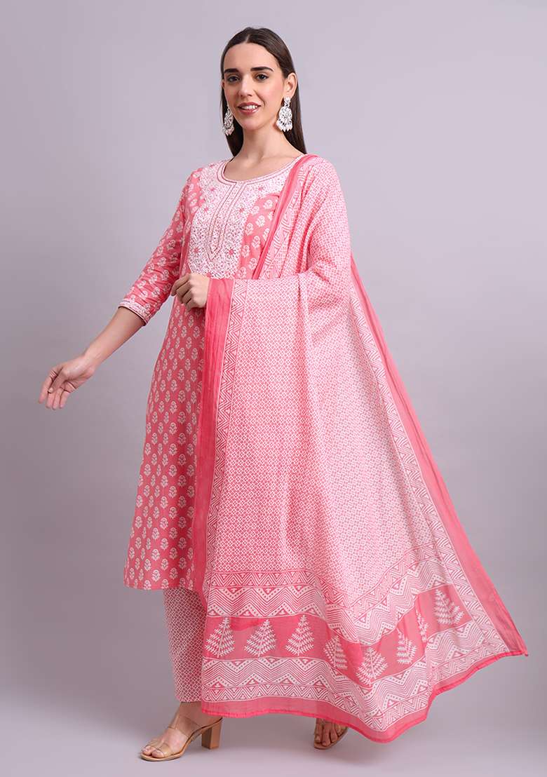 Red Embroidered Cotton Salwar Kameez With Dupatta - Indya